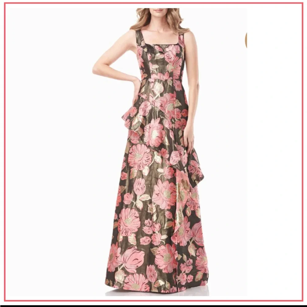 NWT KAY UNGER BELLE FLORAL PRINT RUFFLED SLEEVELESS A-LINE GOWN - Picture 1 of 11